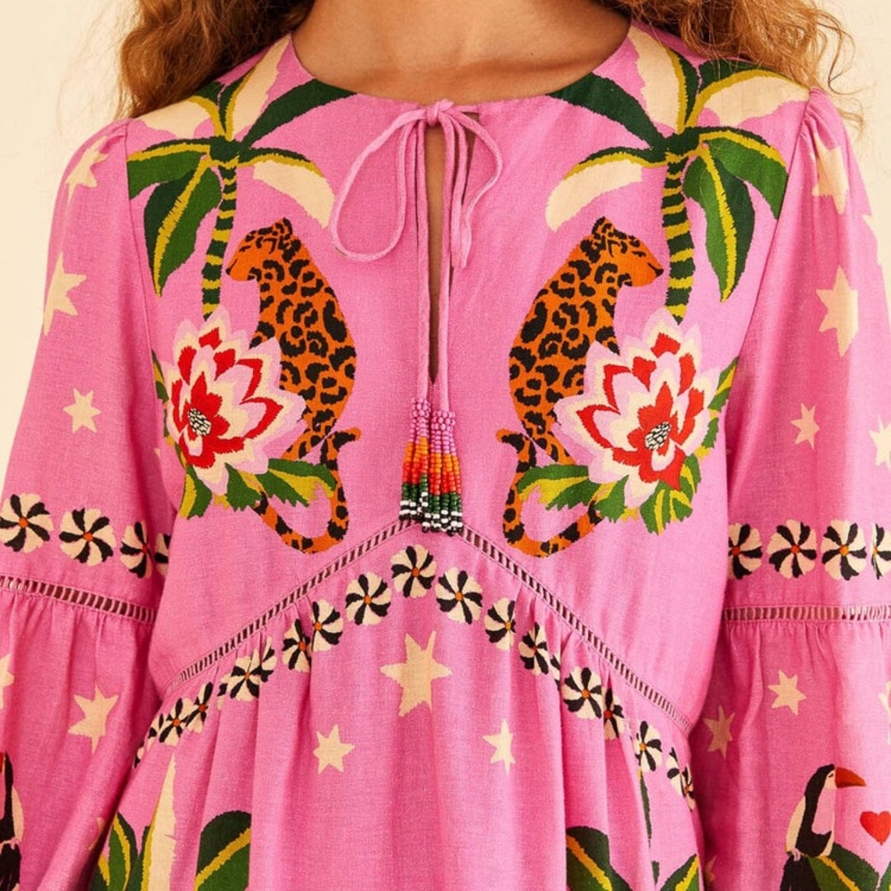 NEW FARM Rio Pink Leopard Forest Mini Dress Linen Blend Beaded Tassels Flowy XL - Picture 3 of 15